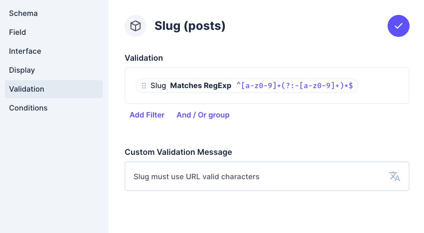 Custom validation for slug field